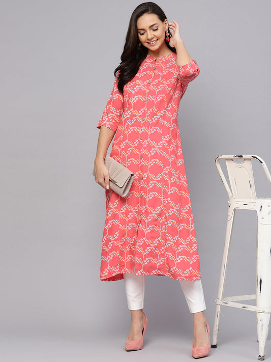 Anubhutee Women Coral Pink  Off-White Printed A-Line Kurta