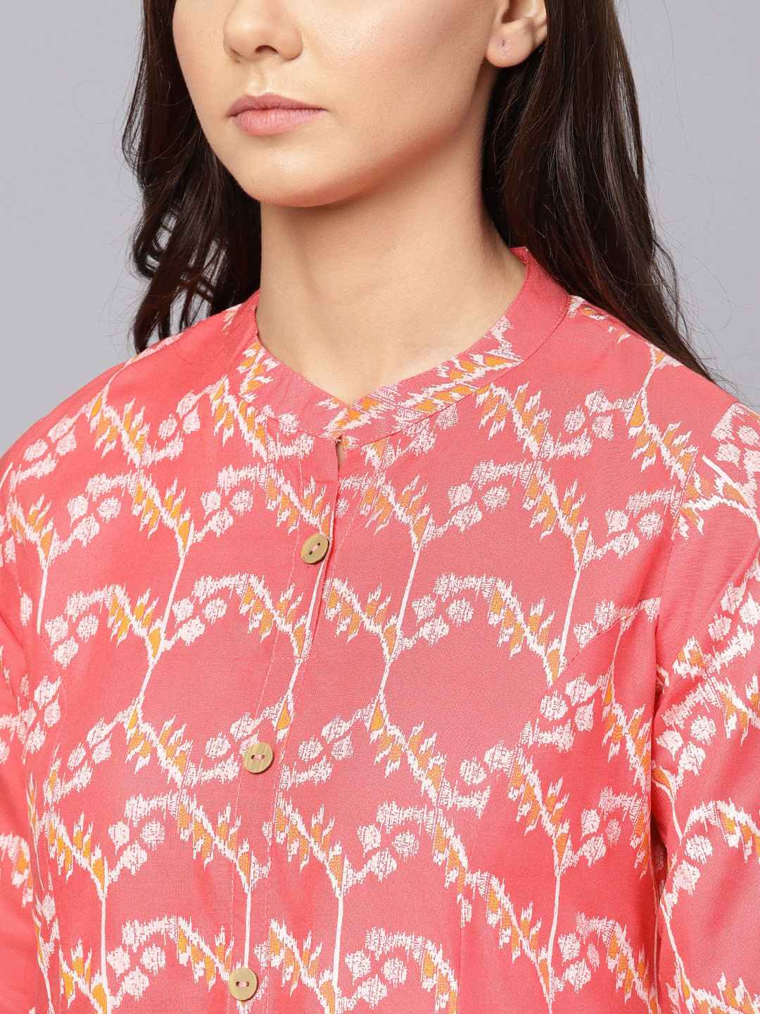 Anubhutee Women Coral Pink  Off-White Printed A-Line Kurta