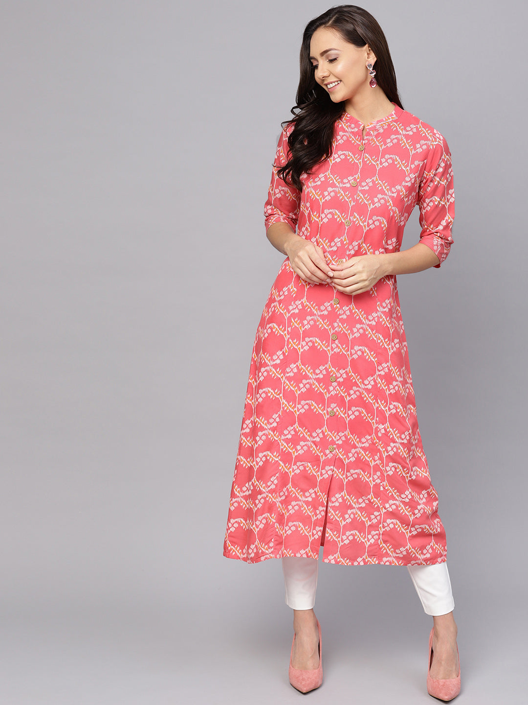 Anubhutee Women Coral Pink  Off-White Printed A-Line Kurta