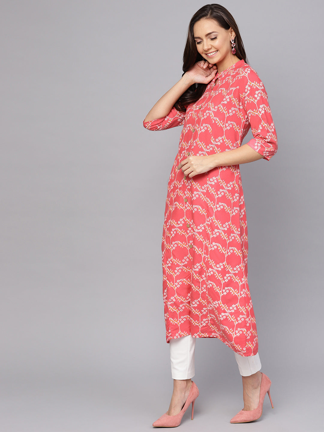 Anubhutee Women Coral Pink  Off-White Printed A-Line Kurta