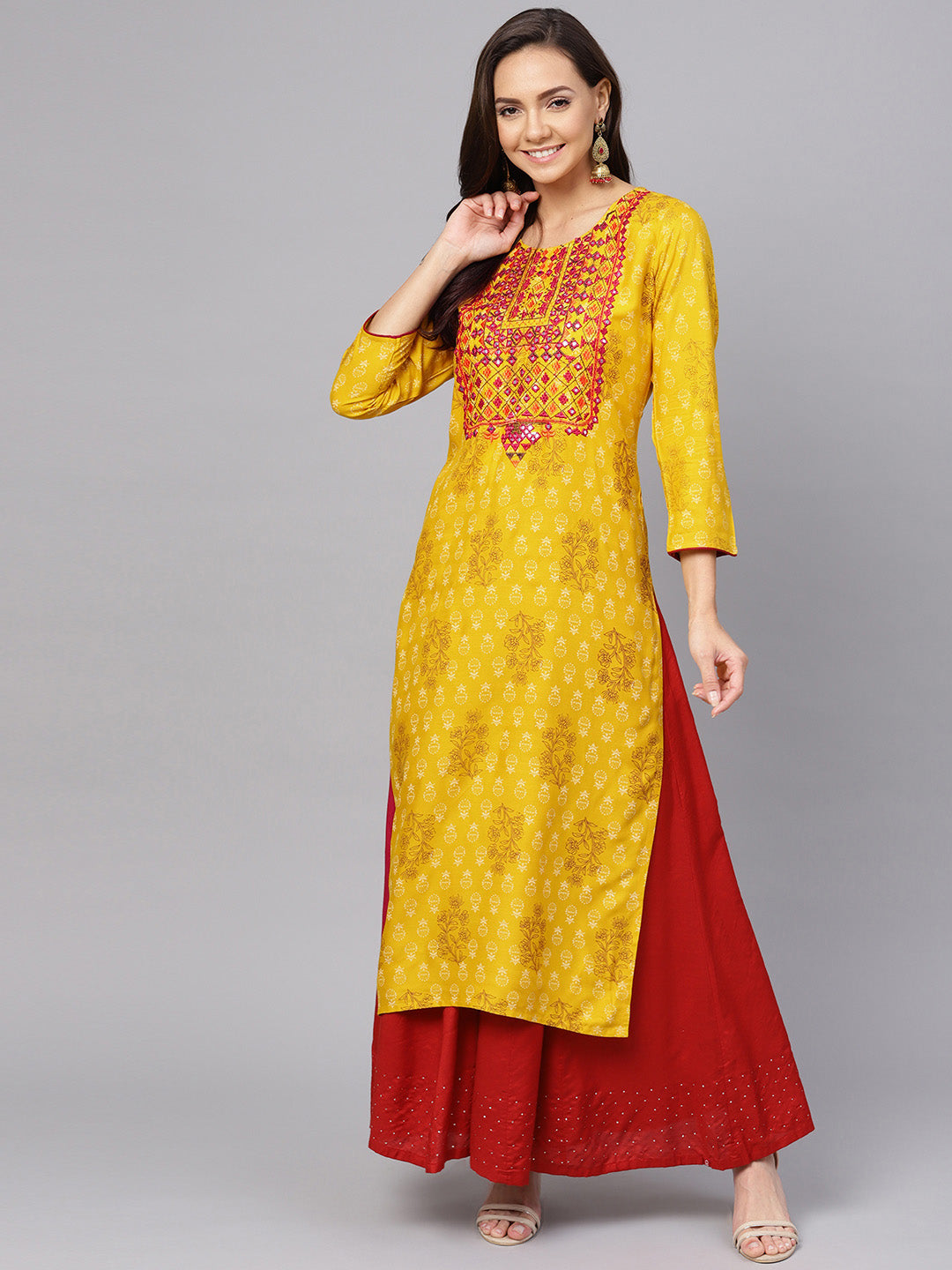 Anubhutee Women Mustard Yellow  Brown Screen Printed Straight Kurta