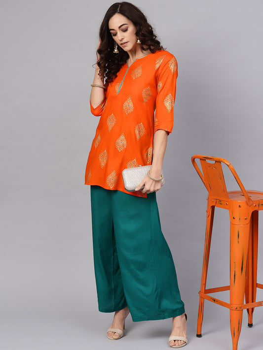 Anubhutee Orange  Golden Printed Straight Kurti