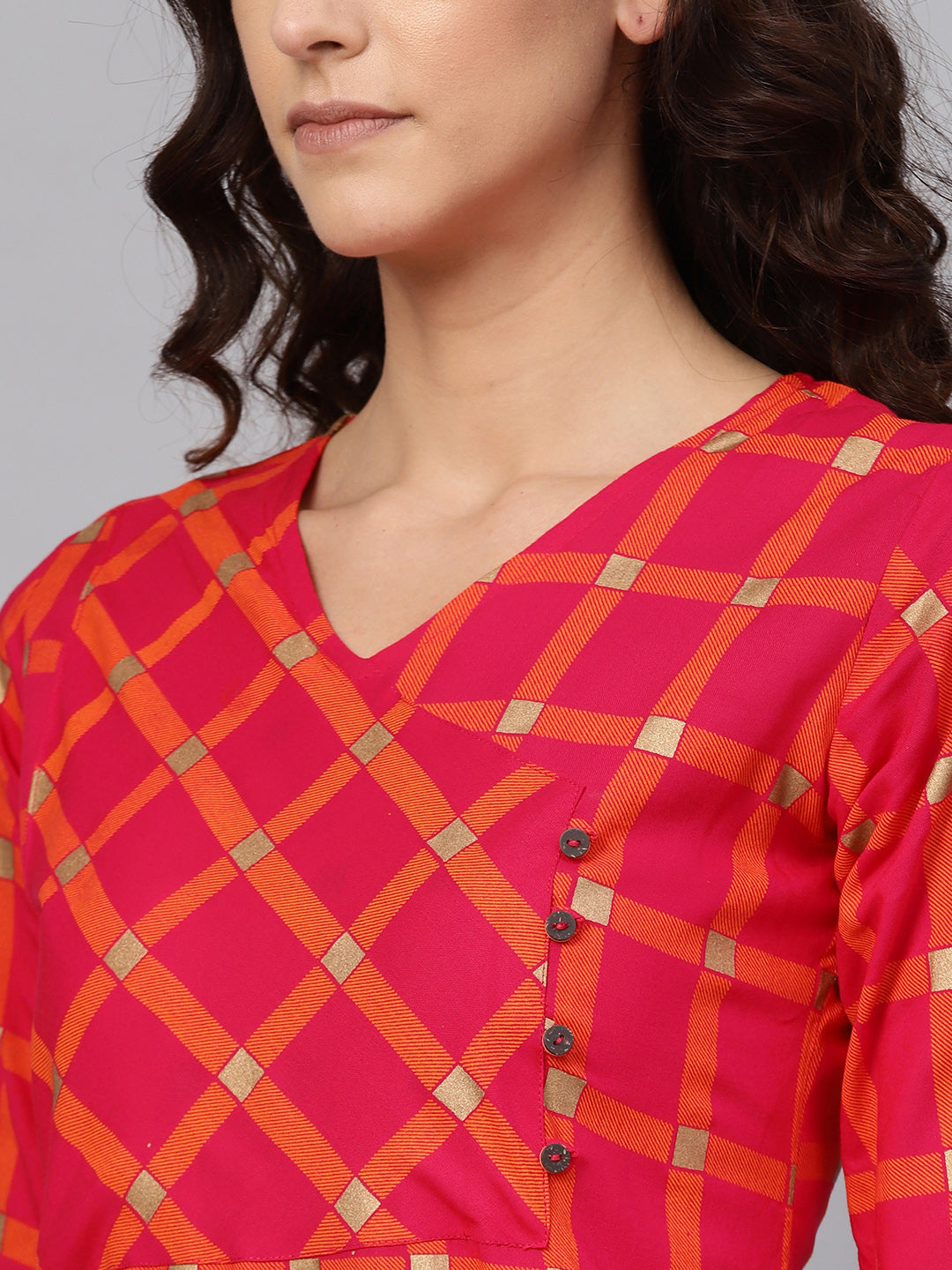 Anubhutee Magenta  Orange Checked Angrakha Kurti