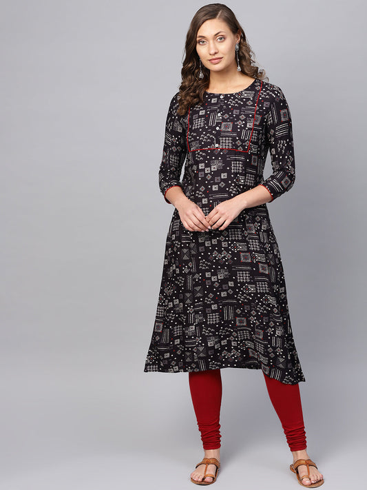 Anubhutee Women Black  Grey Printed A-Line Kurta