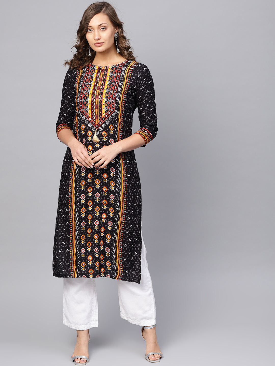 Anubhutee Women Black  Orange Printed Straight Kurta