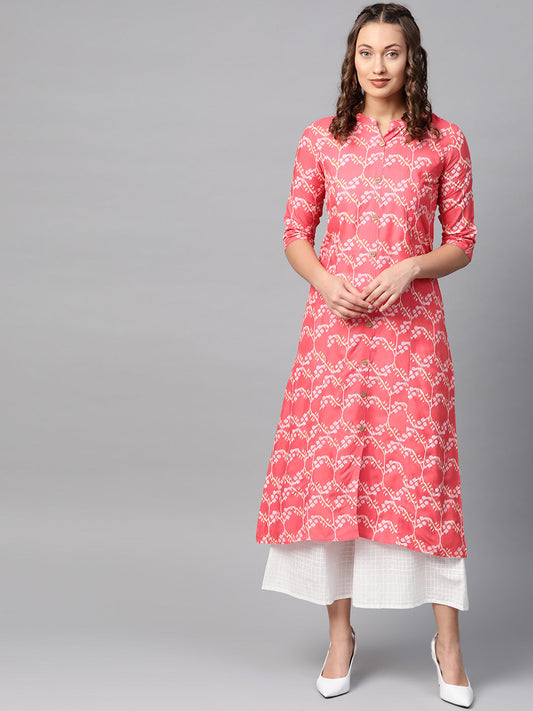 Anubhutee Women Coral Pink  White Printed Kurta with Palazzos