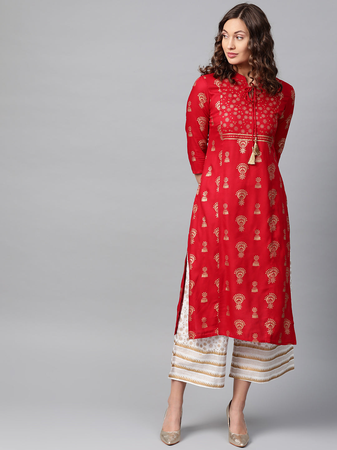 Anubhutee Tie-Neck Ethnic Foil Print Kurta Set