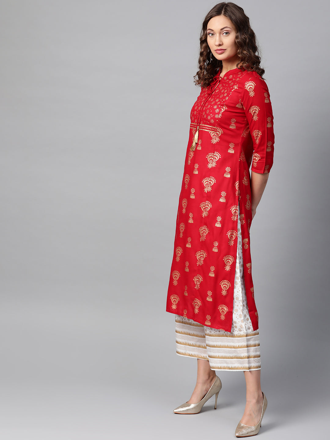 Anubhutee Tie-Neck Ethnic Foil Print Kurta Set