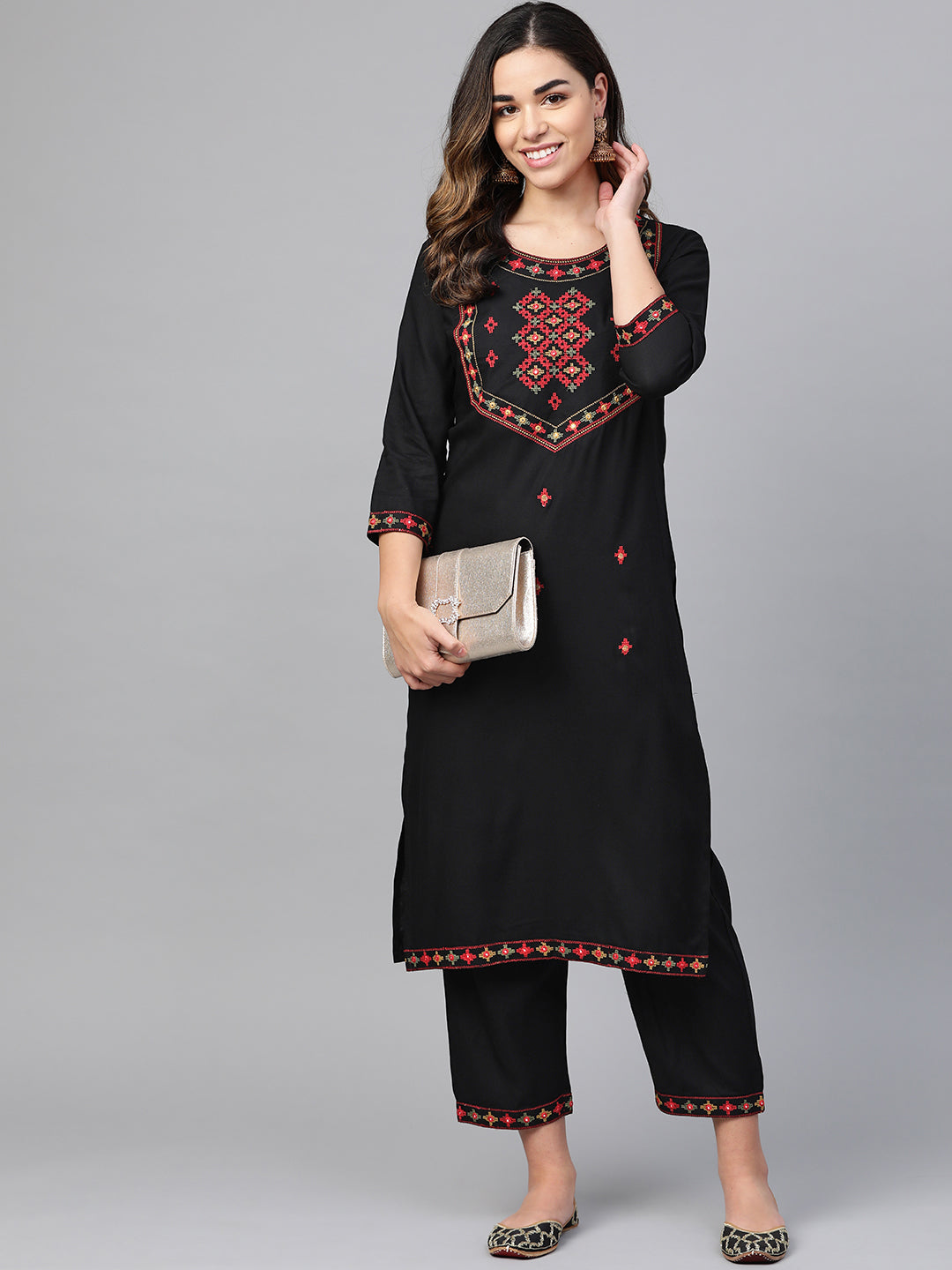 Anubhutee Women Black  Red Embroidered Kurta with Trousers