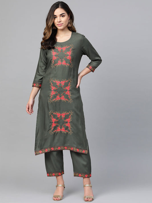 Anubhutee Women Charcoal Grey  Pink Embroidered Kurta with Trousers