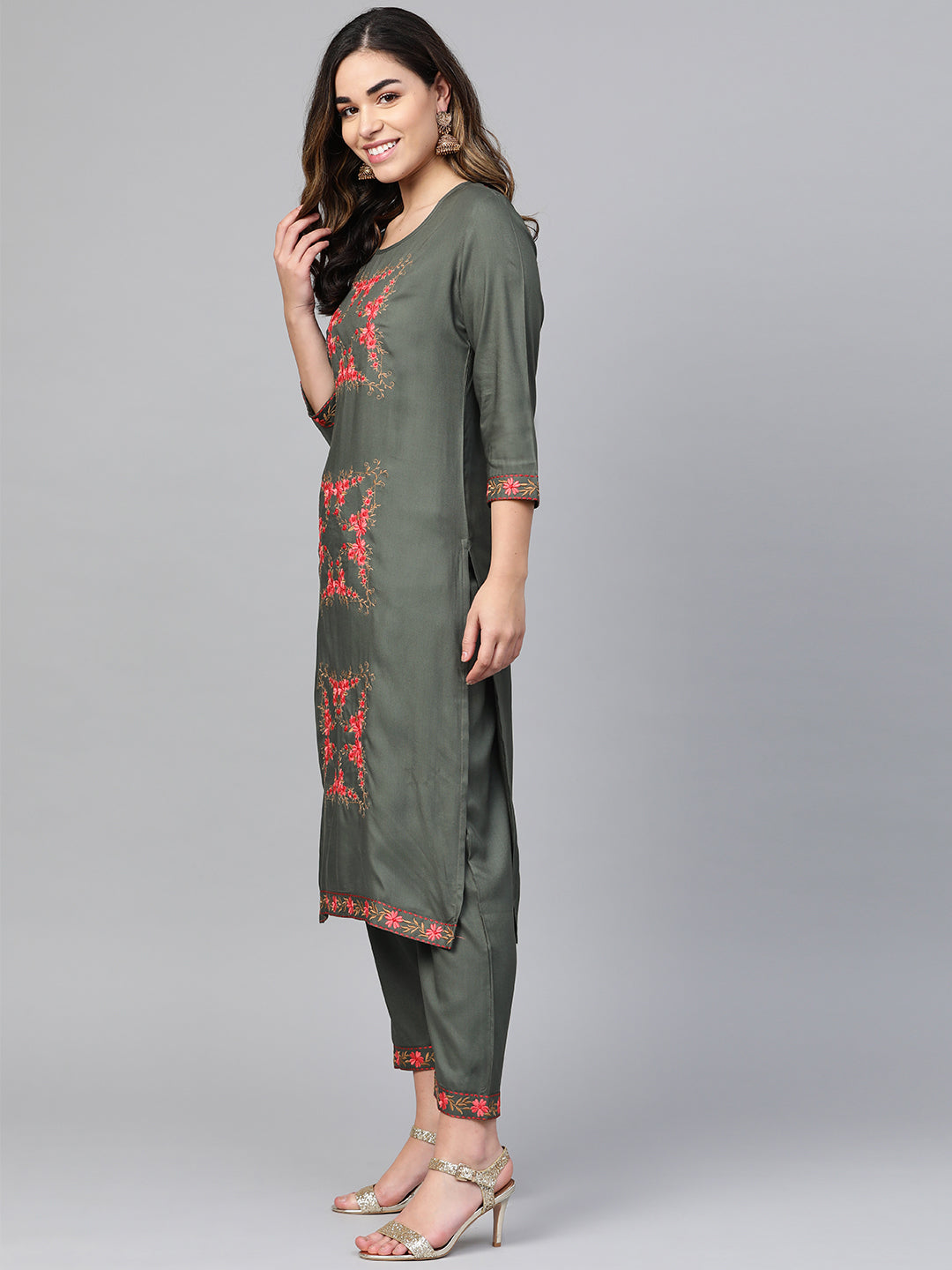 Anubhutee Women Charcoal Grey  Pink Embroidered Kurta with Trousers