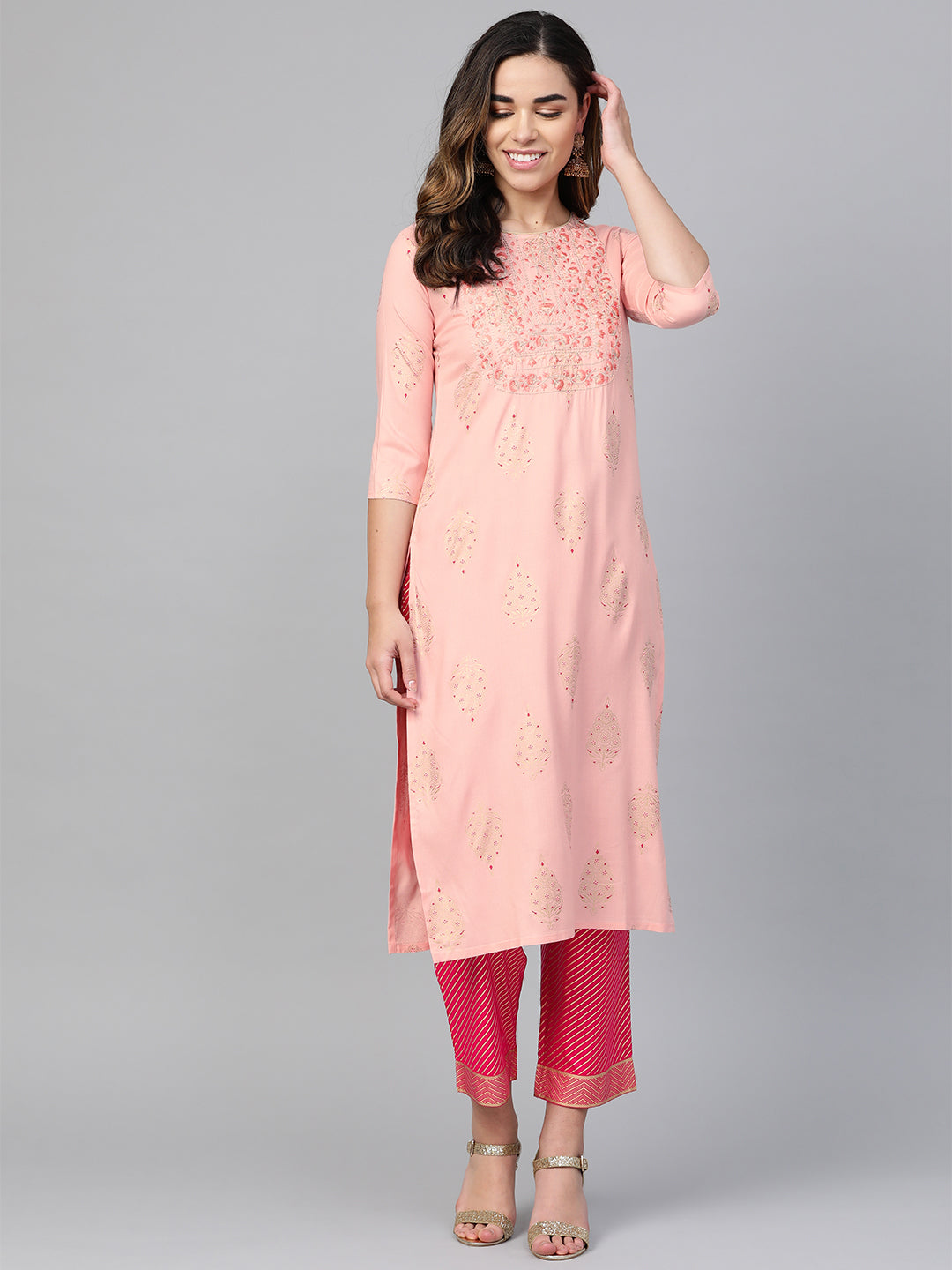 Anubhutee Women Peach-Coloured  Pink Printed Kurta with Trousers