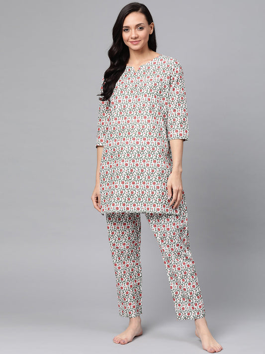 Anubhutee Women White  Red Pure Cotton Floral Print Nightsuit
