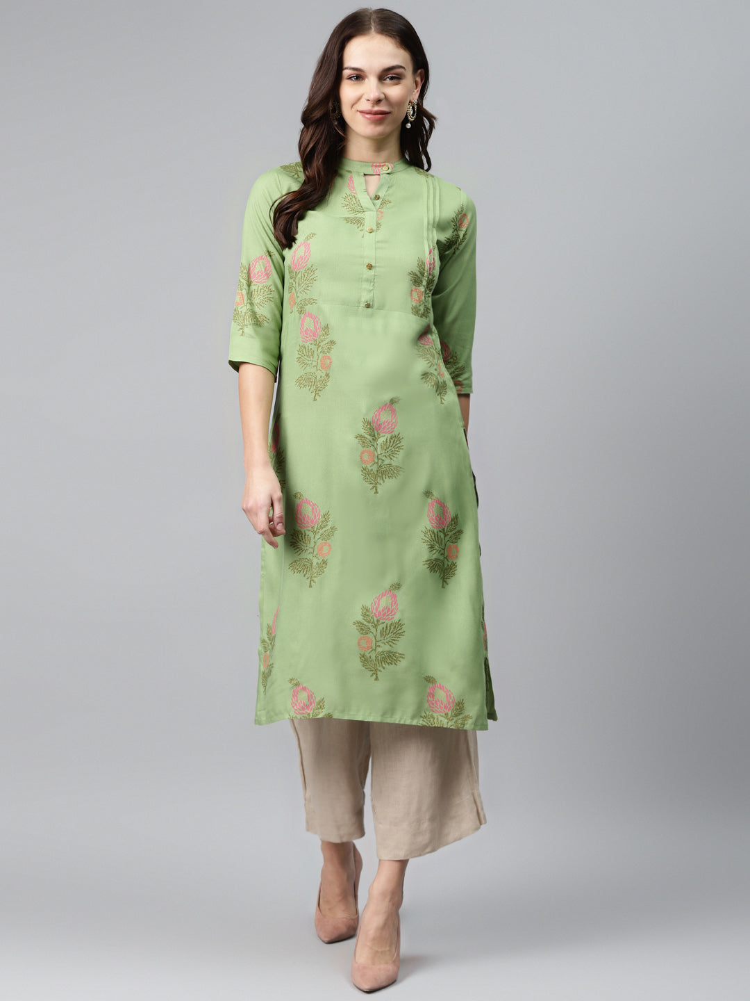 Anubhutee Women Green  Pink Printed Straight Kurta