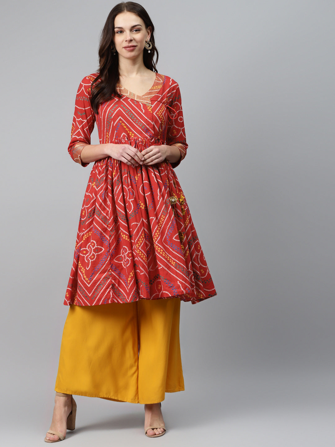 Anubhutee Red  White Bandhani Printed Pure Cotton Angrakha A-Line Dress