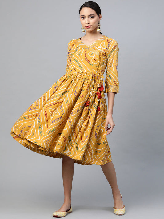 Anubhutee Mustard Yellow  White Bandhani Printed Pure Cotton Angrakha A-Line Dress