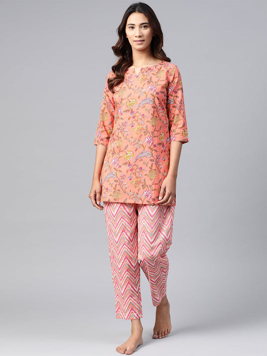 Anubhutee Women Coral Pink  Yellow Pure Cotton Printed Night suit