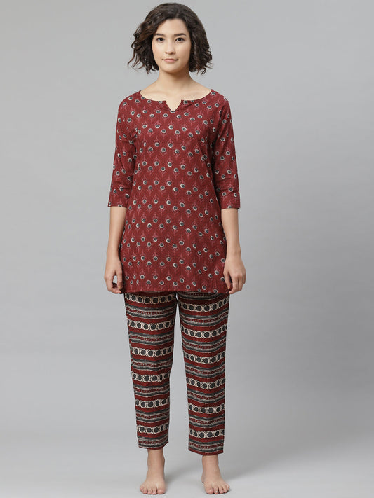 Anubhutee Women Maroon  White Printed Pure Cotton Night suit