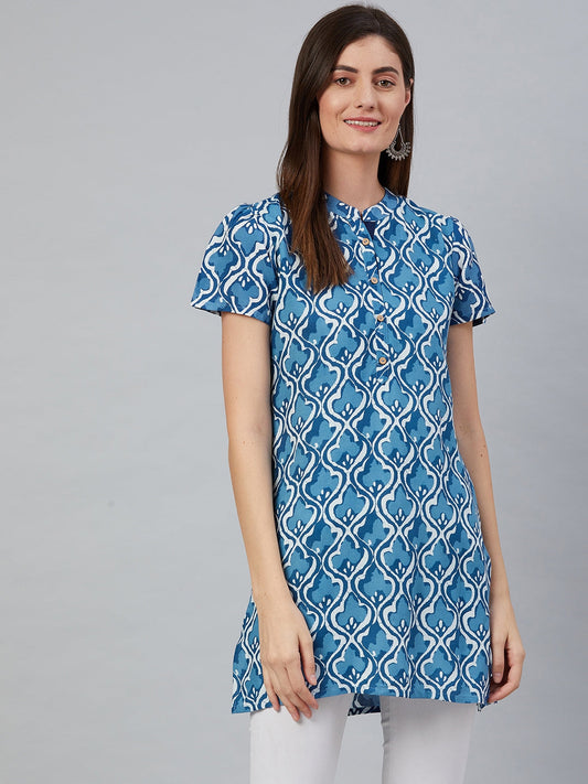 Anubhutee Blue  White Geometric Printed Kurti