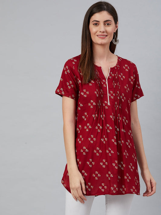 Anubhutee Maroon  White Geometric Printed Pleated Kurti