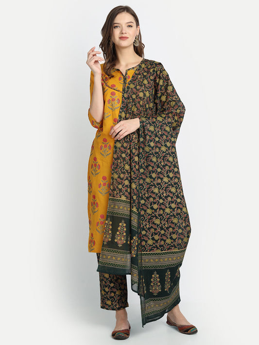 Anubhutee Women Mustard Yellow Floral Printed Layered Pure Cotton Kurta with Trousers  With Dupatta