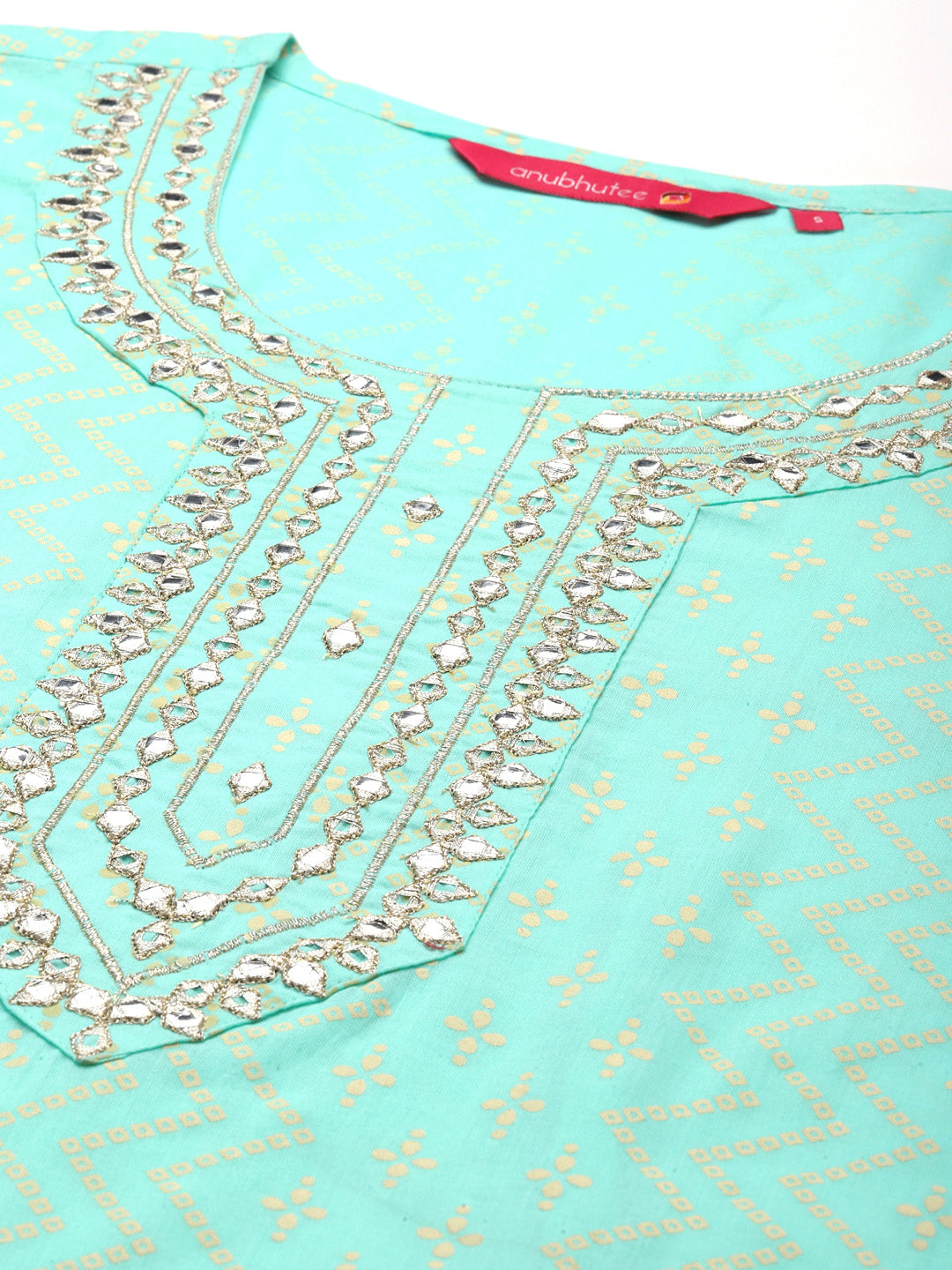 Anubhutee Women Blue Bandhani Printed Mirror Work Pure Cotton Kurta with Trousers  With Dupatta
