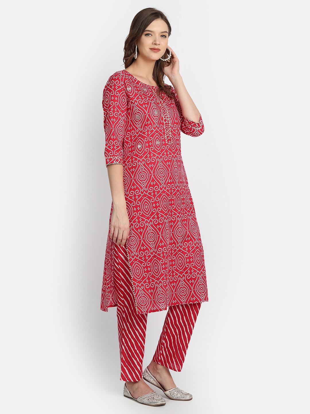 Anubhutee Women Red Bandhani Printed Pure Cotton Kurta with Trousers