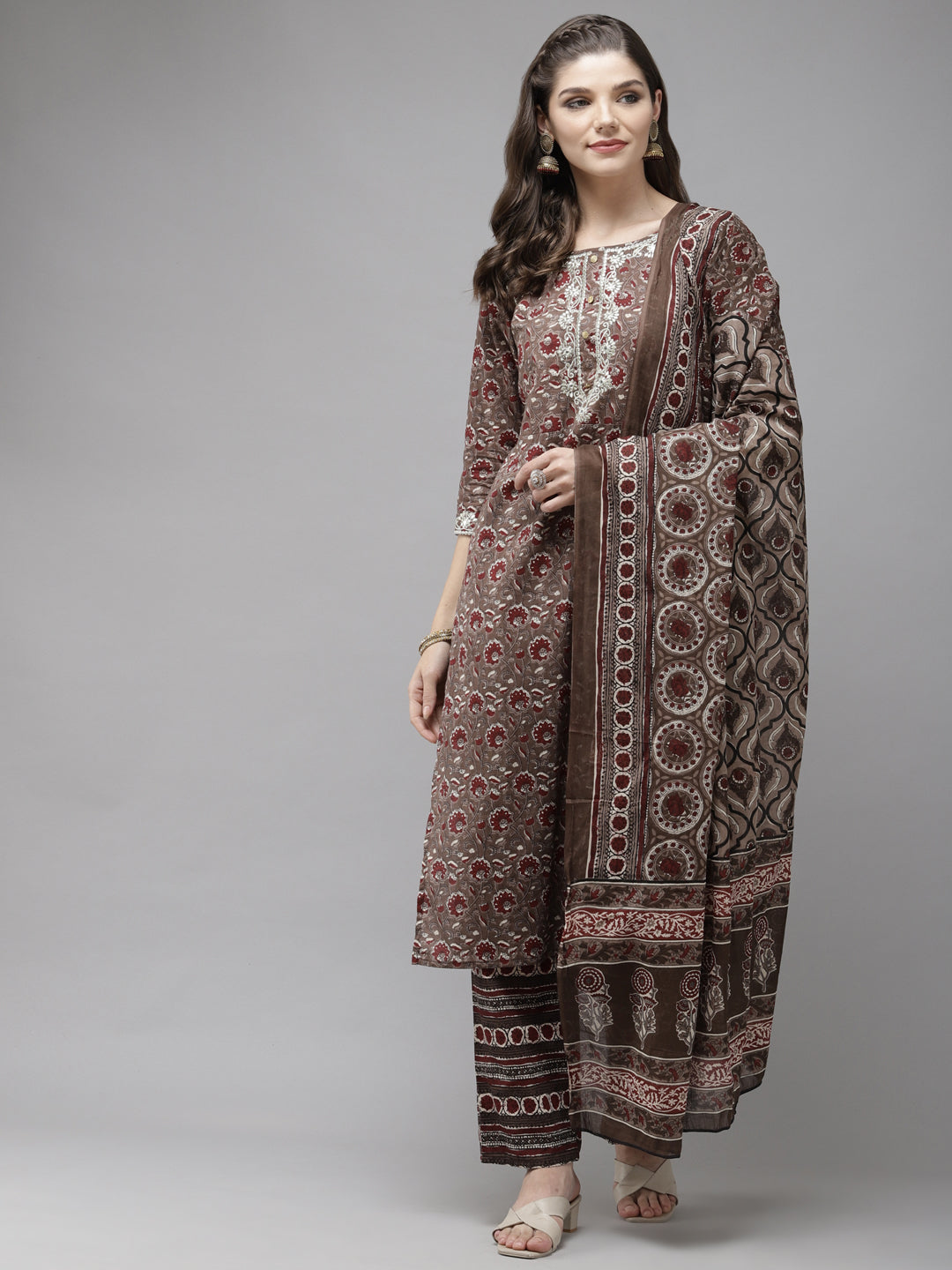 Anubhutee Women Brown  Maroon Printed Pure Cotton Kurta with Trousers  Dupatta