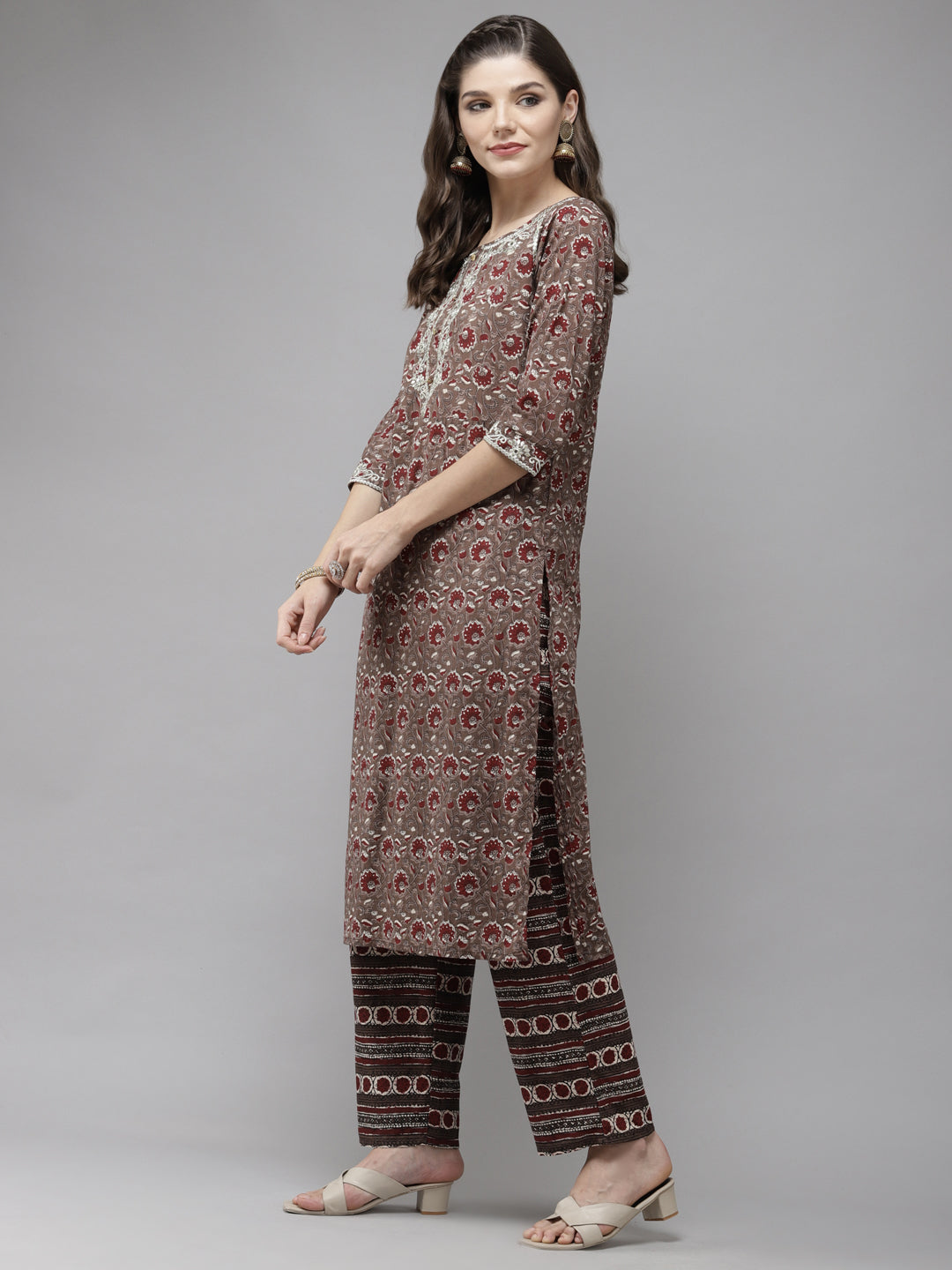 Anubhutee Women Brown  Maroon Printed Pure Cotton Kurta with Trousers  Dupatta