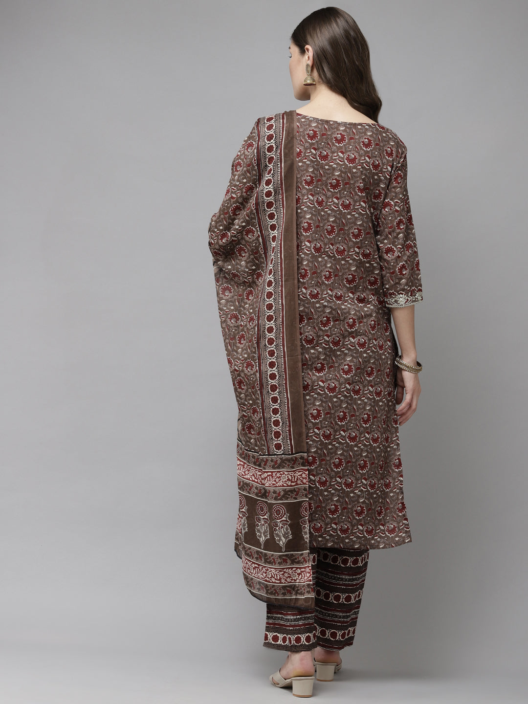 Anubhutee Women Brown  Maroon Printed Pure Cotton Kurta with Trousers  Dupatta