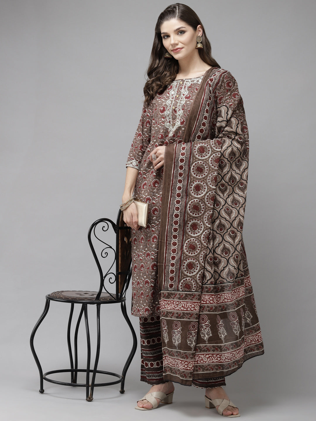 Anubhutee Women Brown  Maroon Printed Pure Cotton Kurta with Trousers  Dupatta