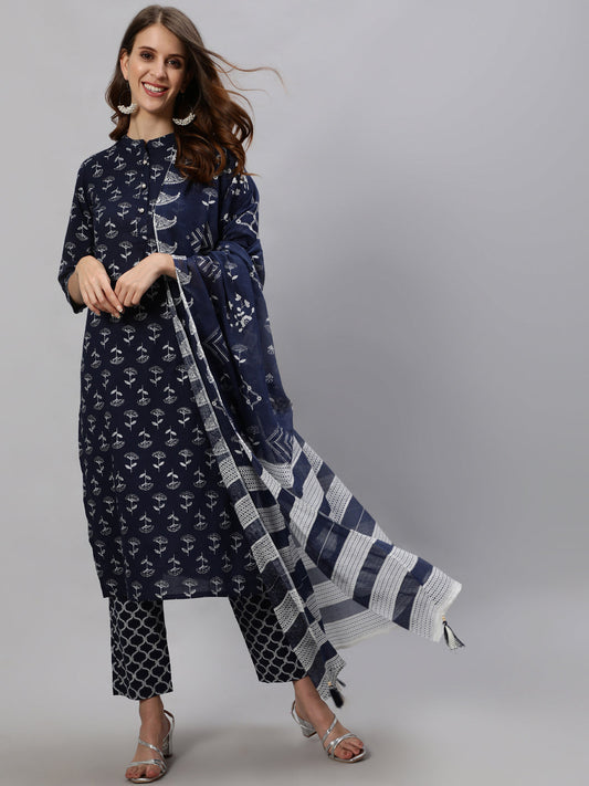 Anubhutee Women Navy Blue  White Floral Printed Kurta With Trousers  Dupatta