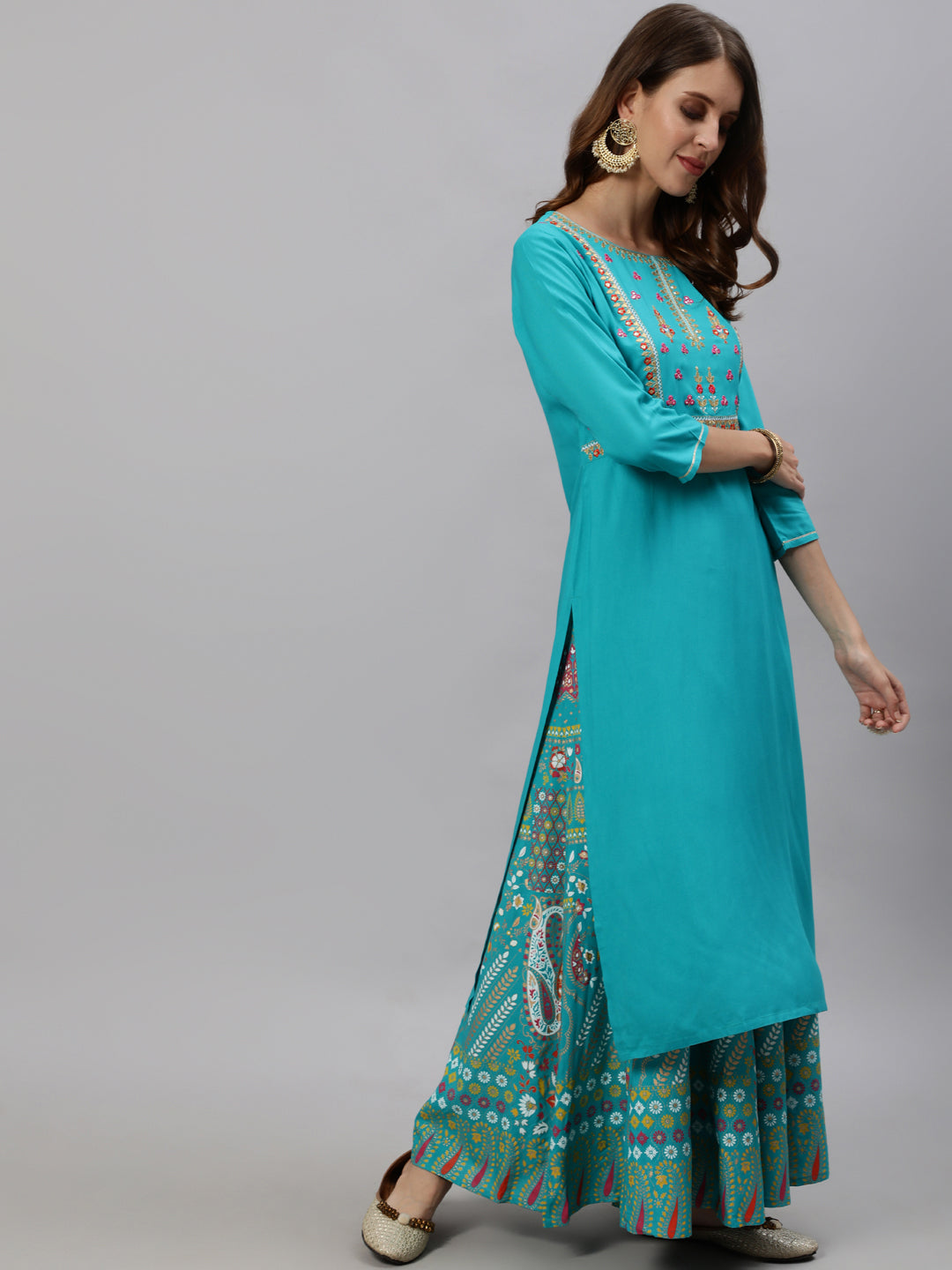 Anubhutee Women Blue Floral Embroidered Empire Sequinned Kurta with Skirt