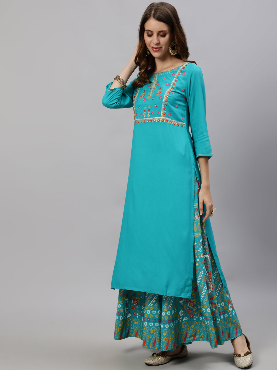 Anubhutee Women Blue Floral Embroidered Empire Sequinned Kurta with Skirt