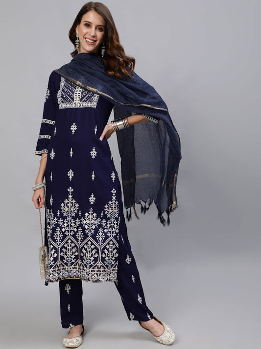 Anubhutee Women Navy Blue Floral Embroidered Regular Kurta with Trousers  With Dupatta
