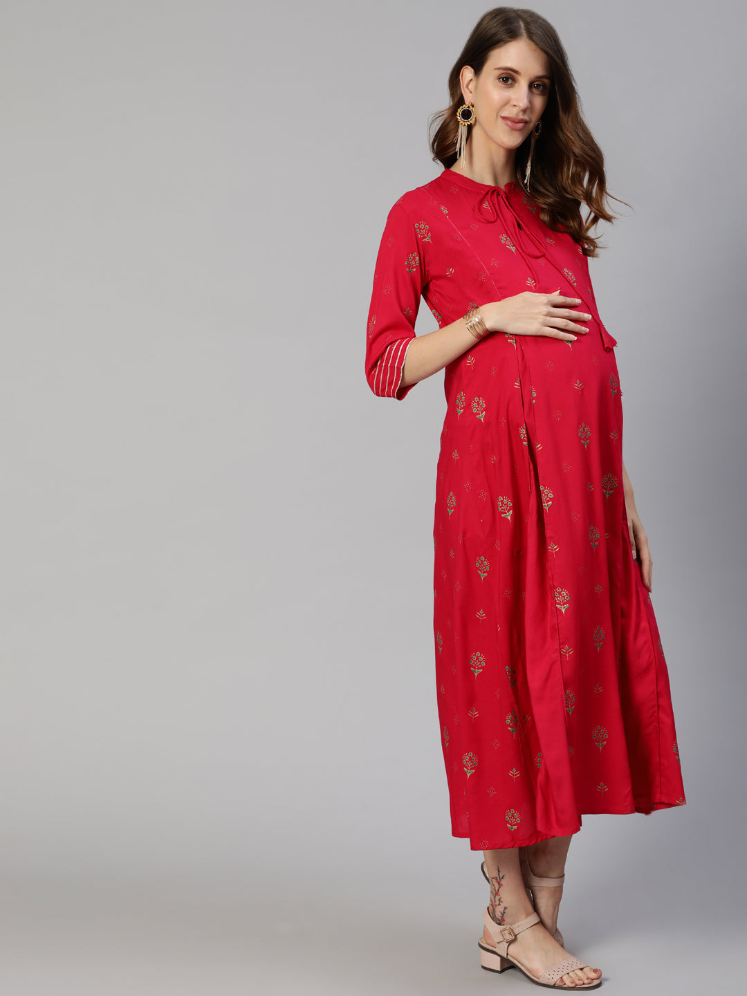Anubhutee Red Floral Maternity A-Line Midi Dress