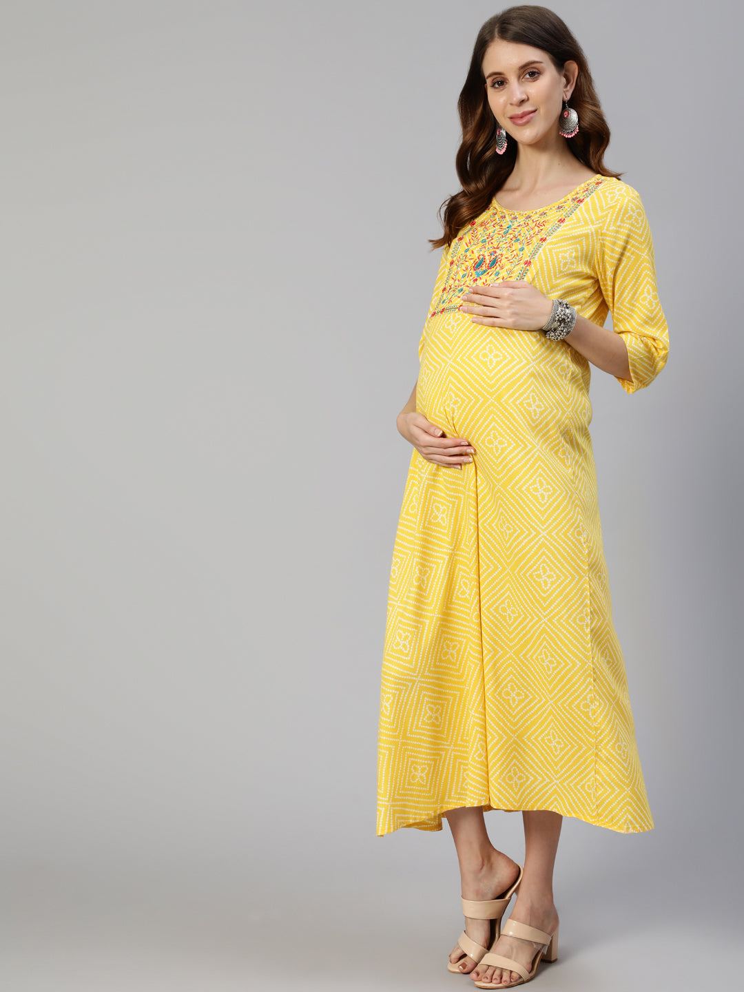 Anubhutee Yellow Ethnic Motifs Maternity A-Line Midi Dress