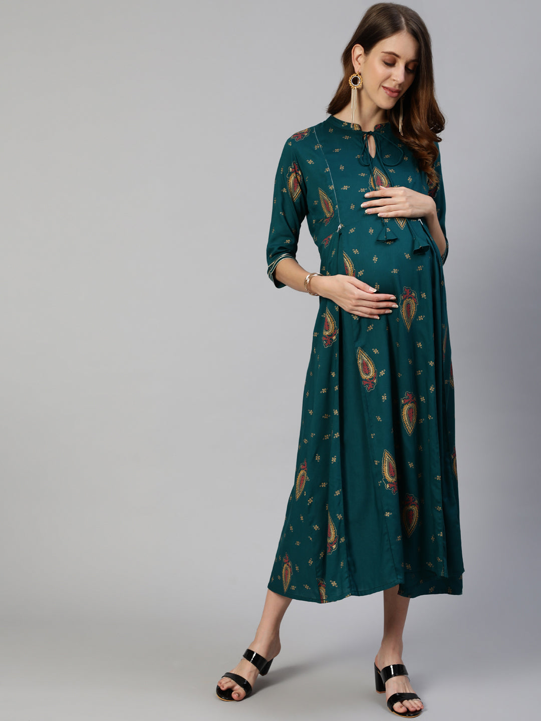 Anubhutee Green Ethnic Motifs Tie-Up Neck Maternity A-Line Midi Dress