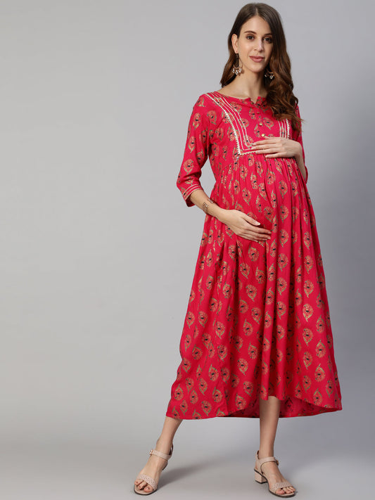 Anubhutee Fuchsia Pink Ethnic Motifs Maternity A-Line Midi Dress