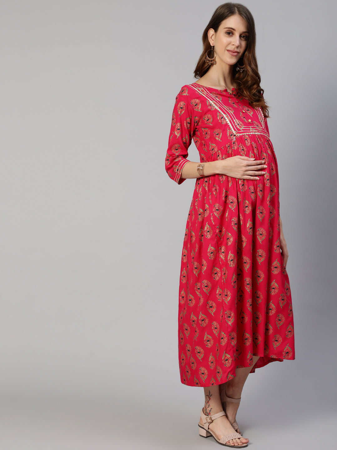 Anubhutee Fuchsia Pink Ethnic Motifs Maternity A-Line Midi Dress