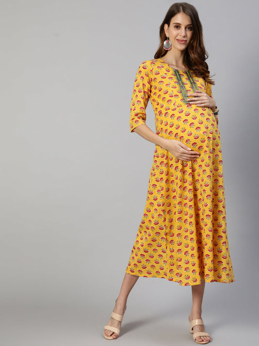 Anubhutee Yellow Floral Printed Maternity A-Line Midi Dress