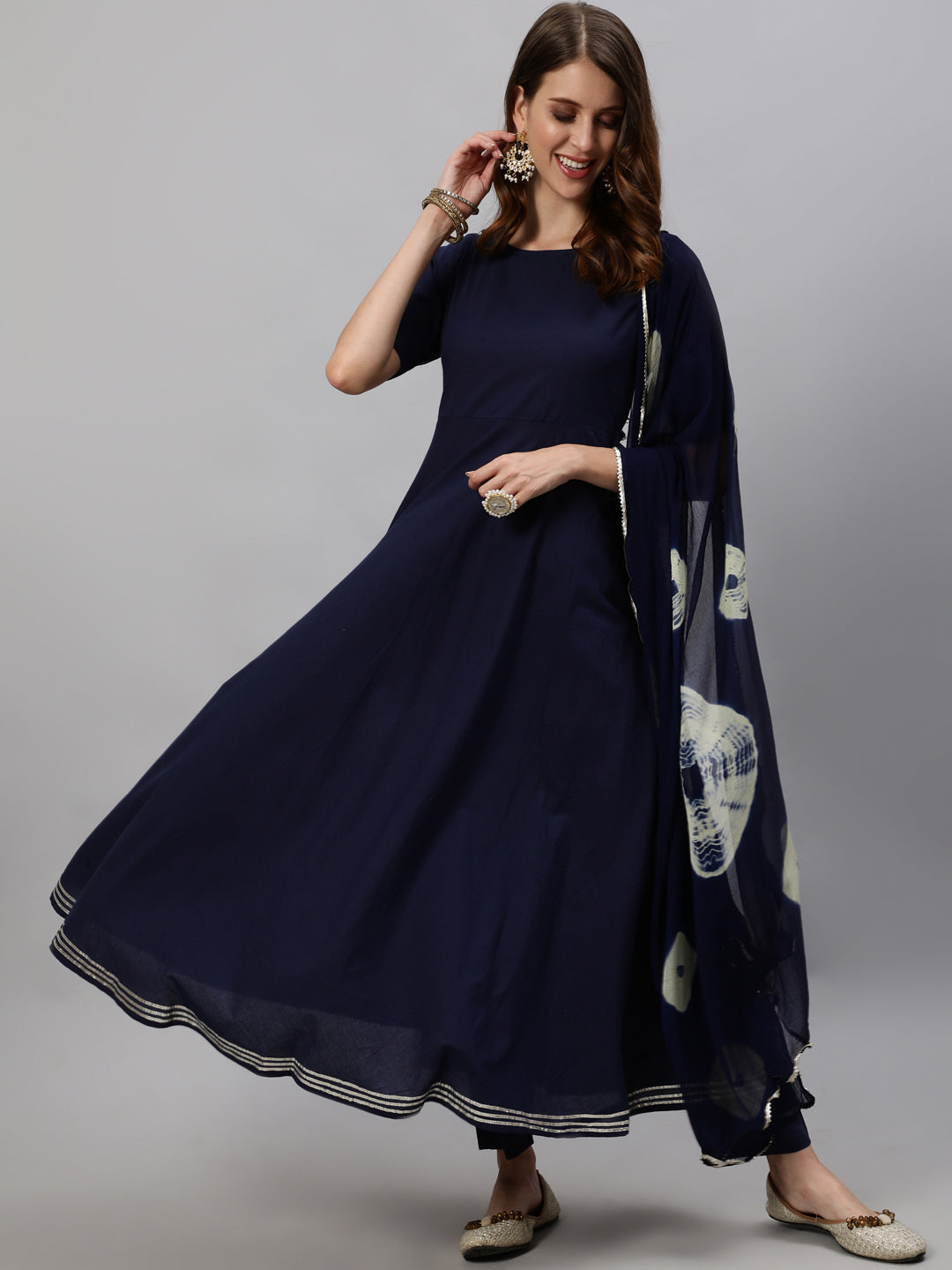 Anubhutee Women Navy Blue Ethnic Motifs Panelled Kurta with Trousers  Dupatta