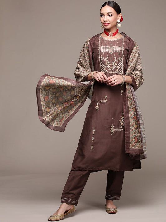 Women's Chocolate Brown Embroidered Kurta set with Trousers and Dupatta