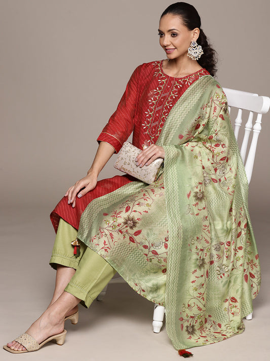 Women's Red Embroidered Printed Kurta Set with Trousers and Dupatta