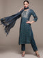 Women's Teal Printed Zari Embroidered Kurta Set with Trousers and Dupatta