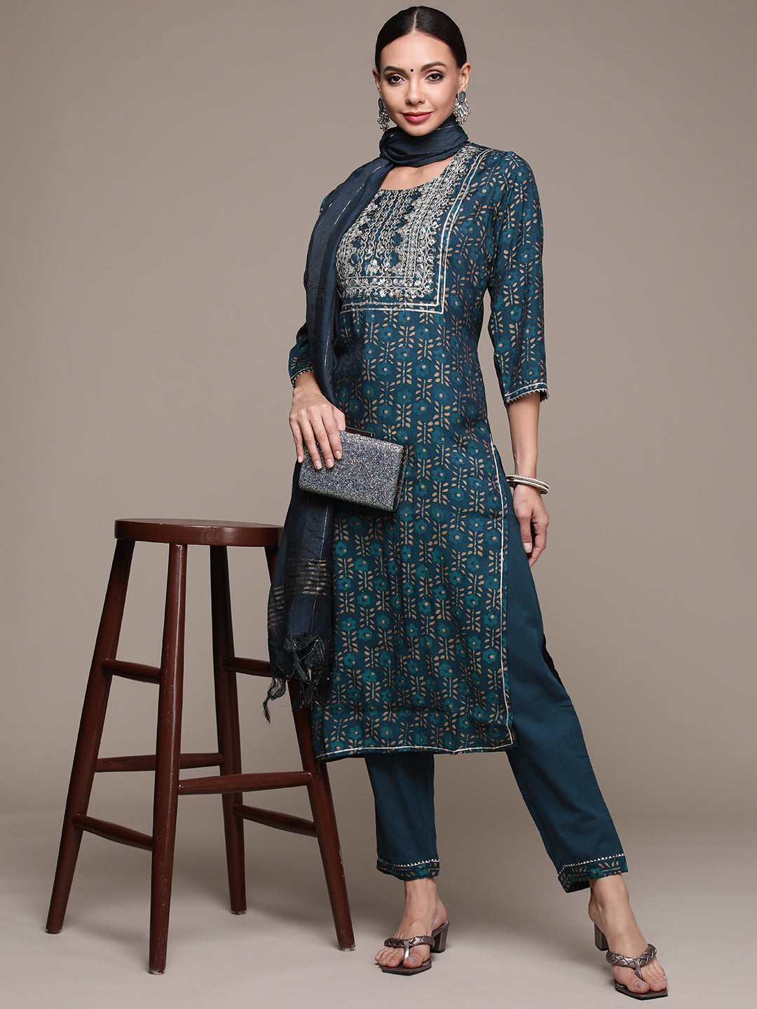 Women's Teal Printed Zari Embroidered Kurta Set with Trousers and Dupatta