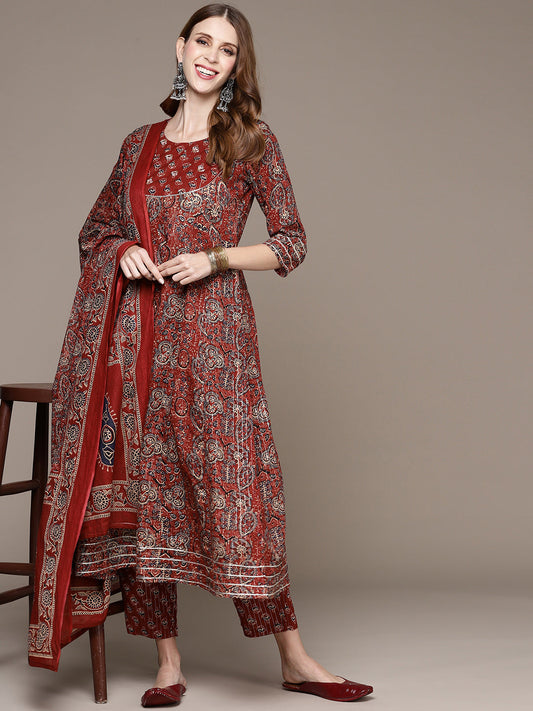 Women's Rust Sequinned Kurta Set with Trousers and Dupatta