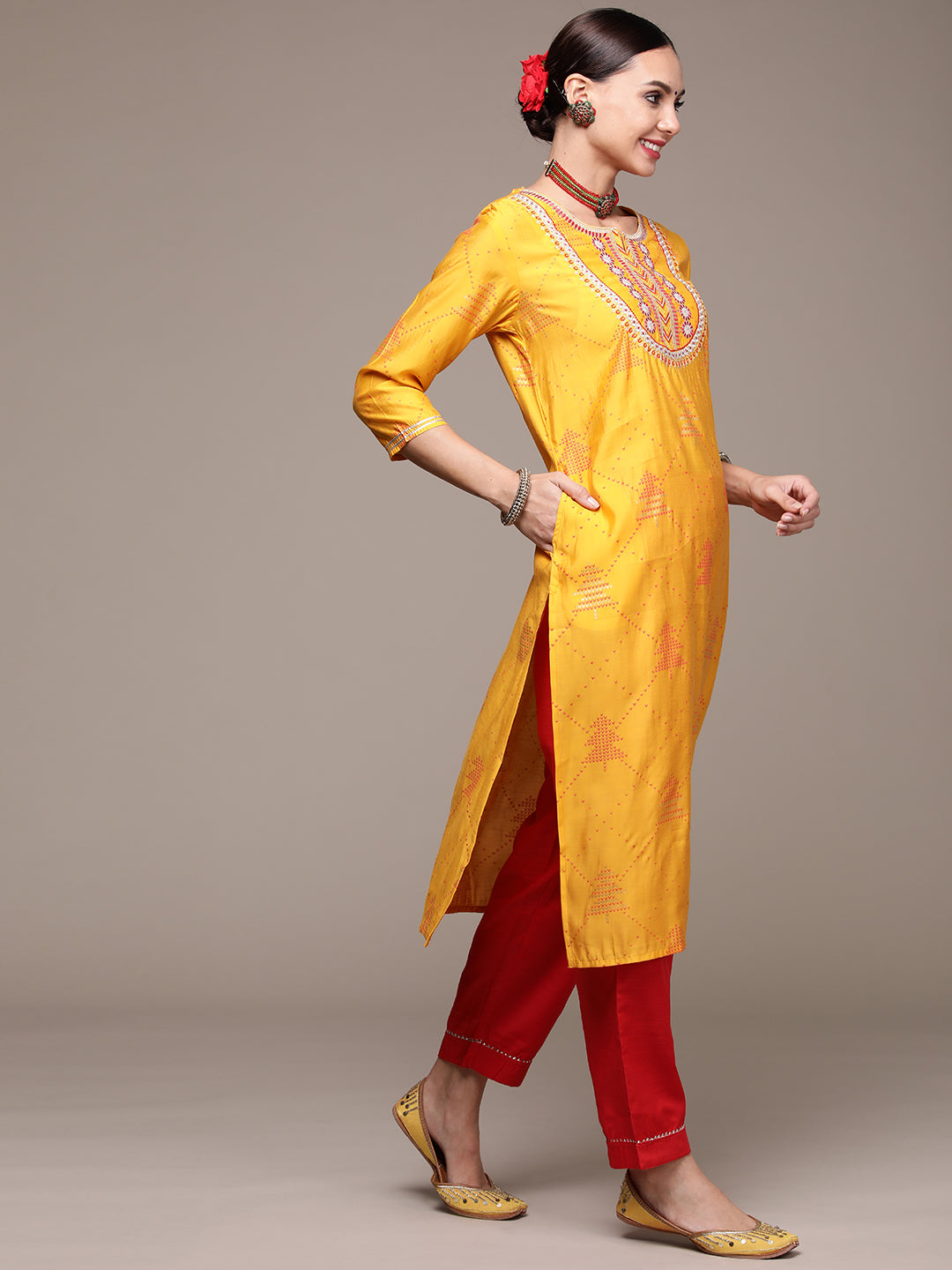 Women's Mustard Embroidered Ethnic Motifs Kurta Set with Trousers and Dupatta
