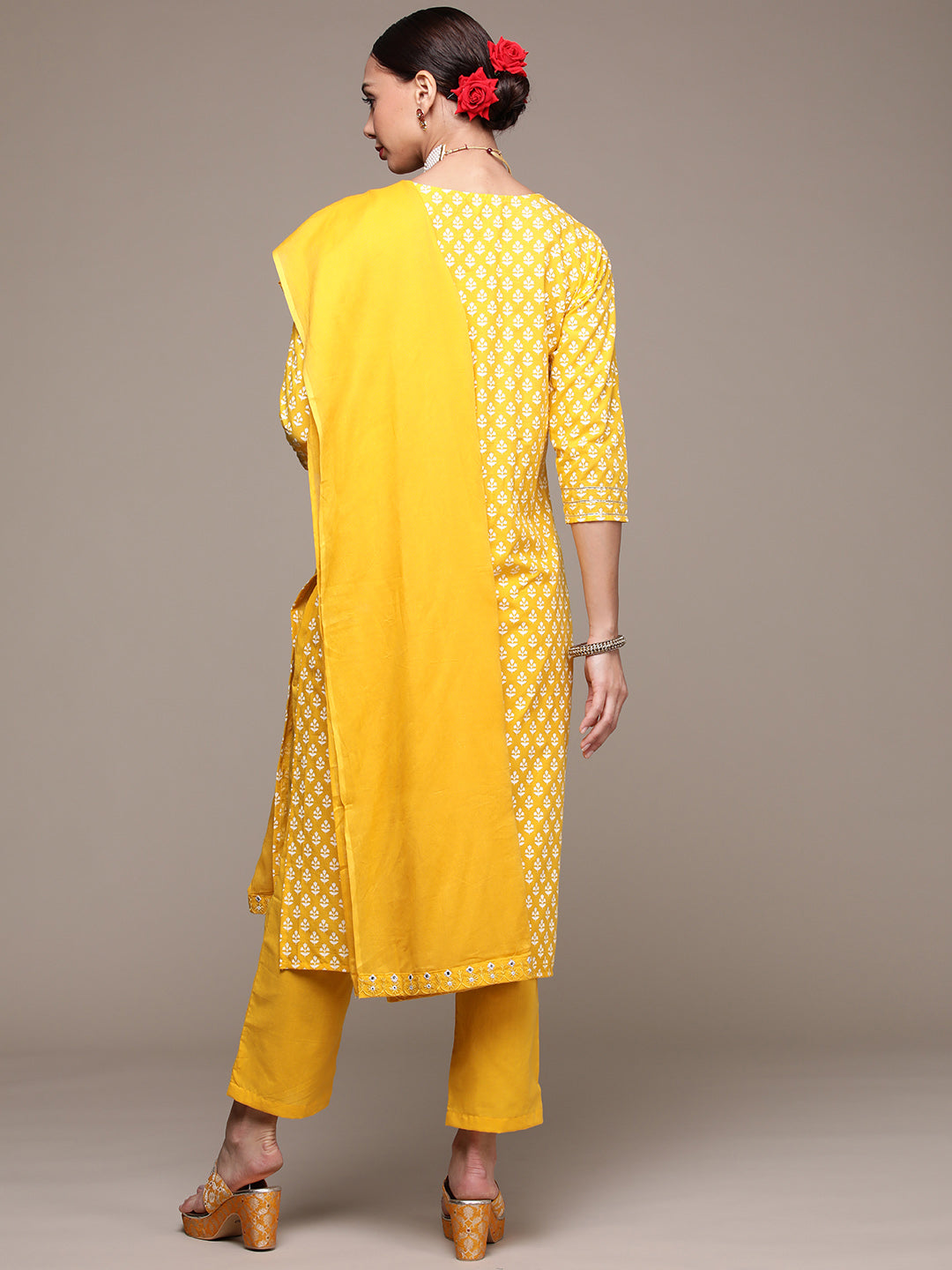 Women's Yellow Mirrorwork Printed Kurta set with Trousers and Dupatta