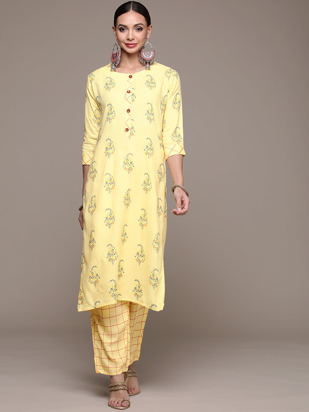 Women's Yellow Printed Kurta Set with Trousers